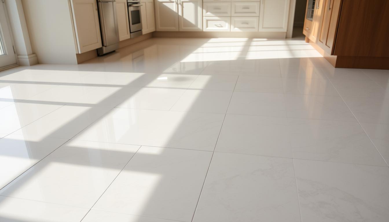 Clean, shiny ceramic tile floor in a modern kitchen