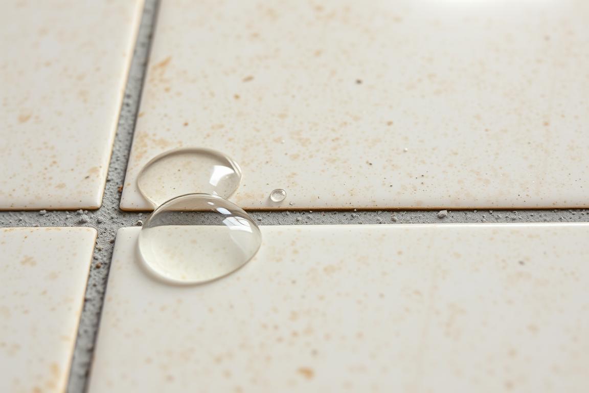 Grout sealed tiles with water droplets beading on the surface
